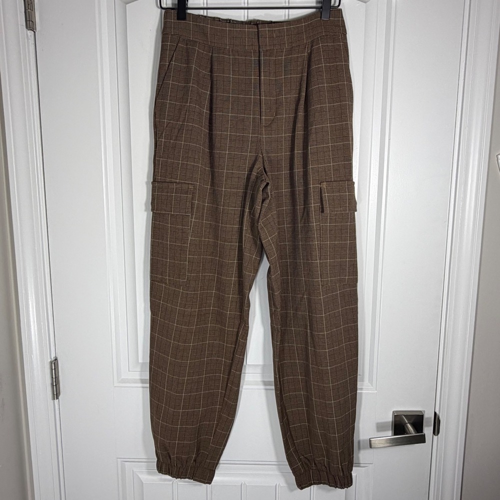 A New Day Women Brown Plaid Cargo Jogger Pants High Rise Pleated Size 6
